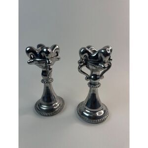 Aluminum candle holders with a jester faceVintage Silver Plated‎ pair